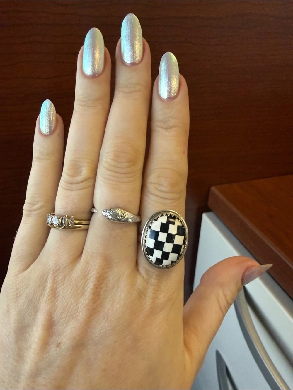 New 925 Sterling Silver Stone Inlay Black Onyx & White Checkered Oval Ring